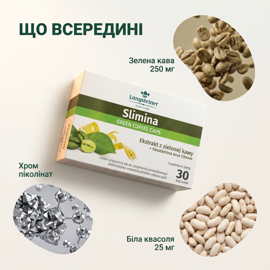 Slimina — три інгредієнти у одній капсулі: хром піколінат, екстракт зеленої кави, екстракт білої квасолі