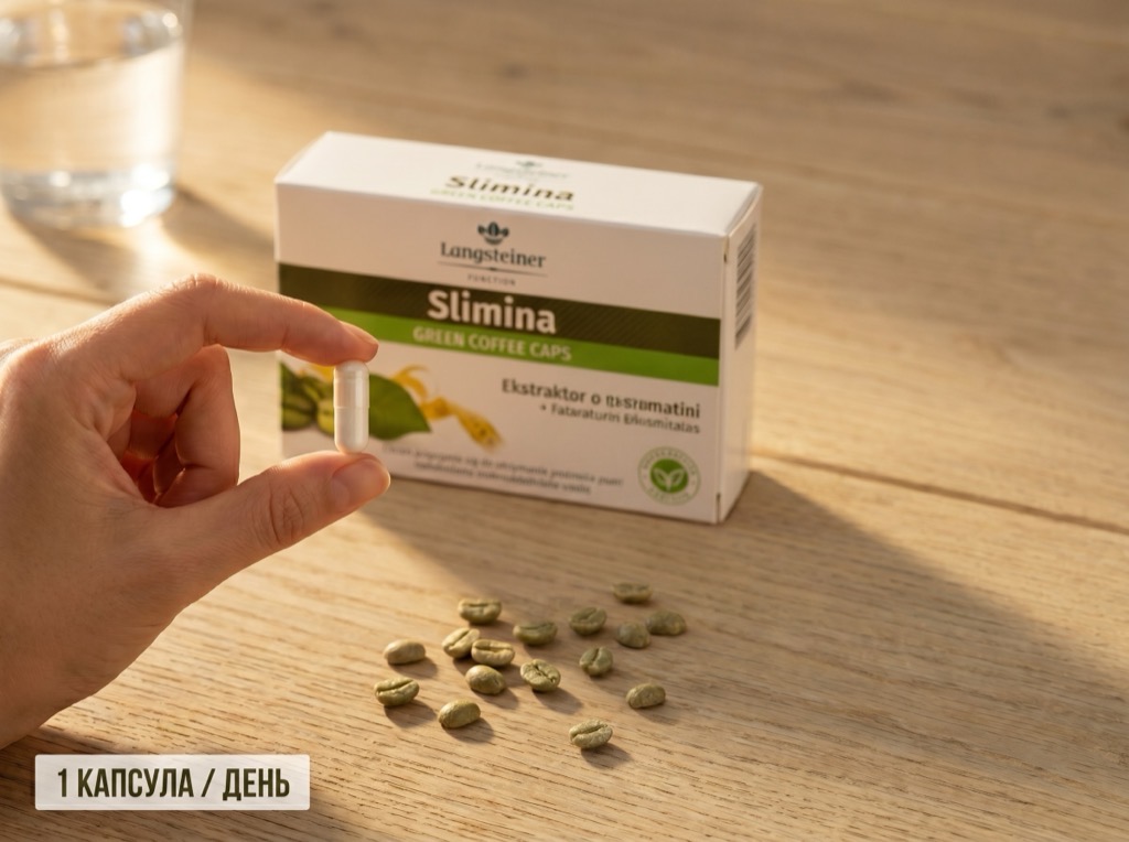 Жінка спокійно тримає капсулу Slimina після сніданку — 1 капсула на день як частина денного ритуалу