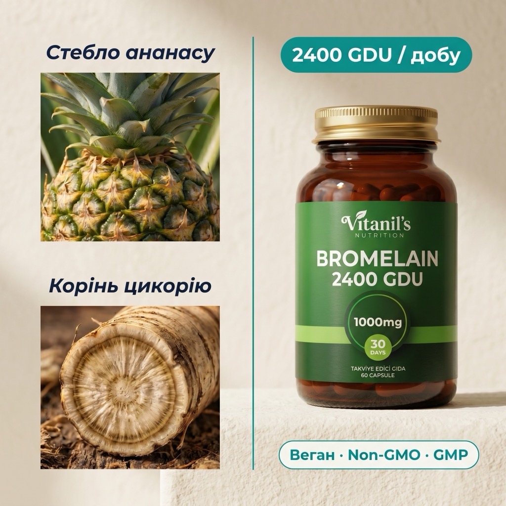 Vitanil's Бромелайн 1000 мг/2400 GDU — упаковка 60 веганских капсул крупным планом