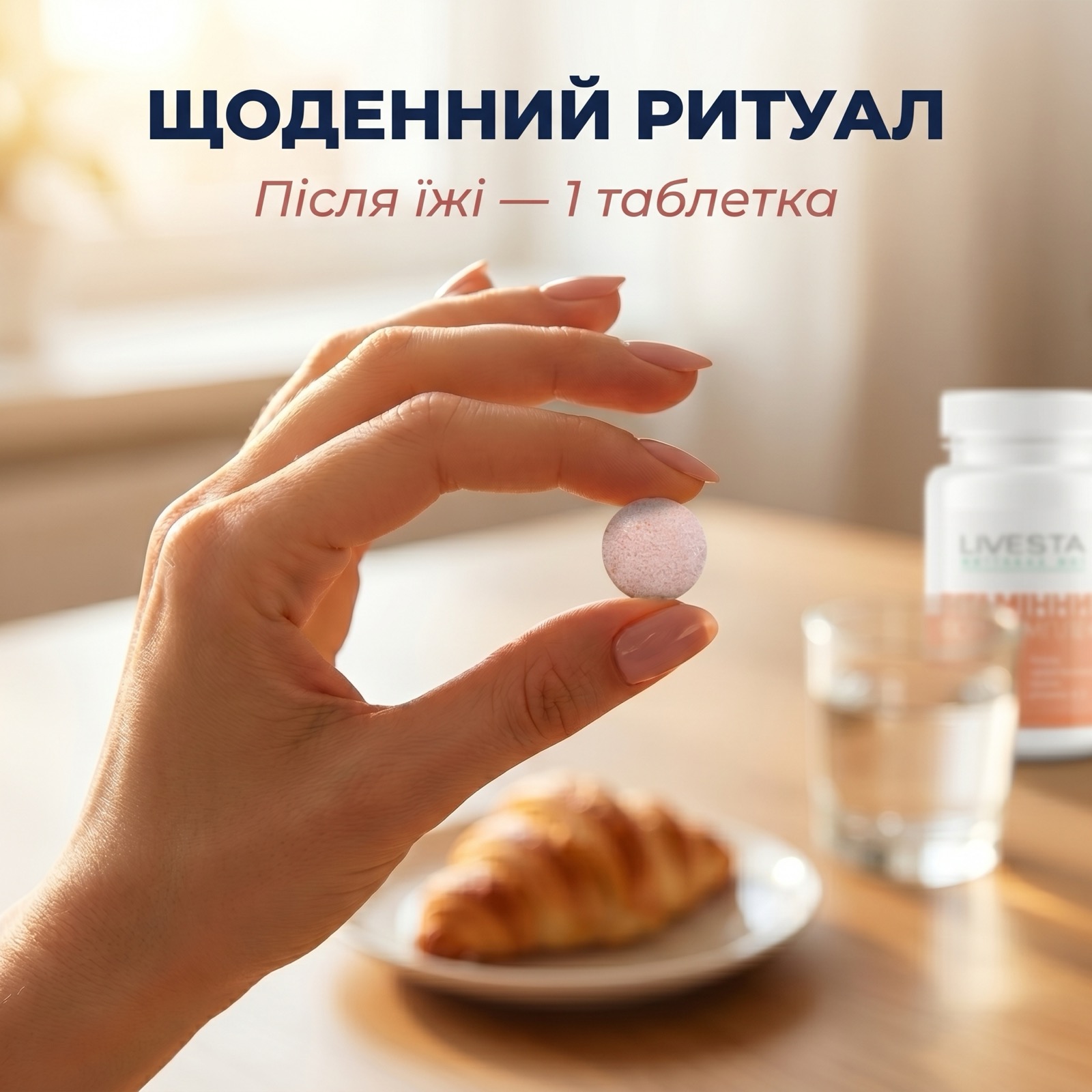 Женщина держит таблетку LIVESTA Бьюти-комплекс после завтрака — ежедневный beauty-ритуал за 5,3 ₴/день