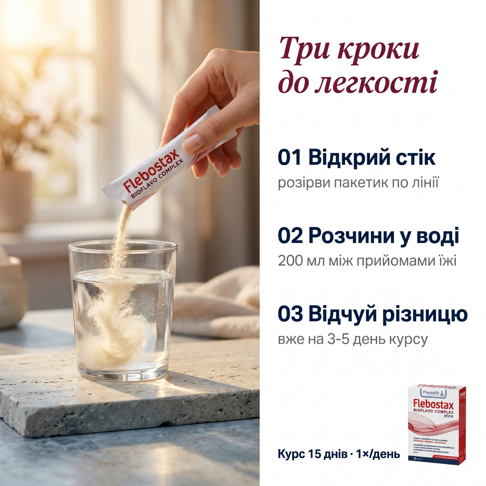 Женщина держит в руке стакан с растворённым стиком Flebostax — жидкий формат BIOFLAVO COMPLEX от Pharmalife Research вместо таблеток