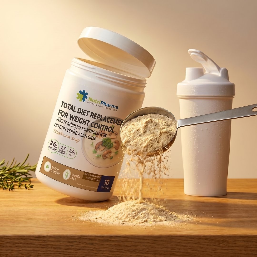 Ложка с сухим порошком супа Nutripharma над открытым шейкером — фактура сироваткового протеїну + овощные порошки