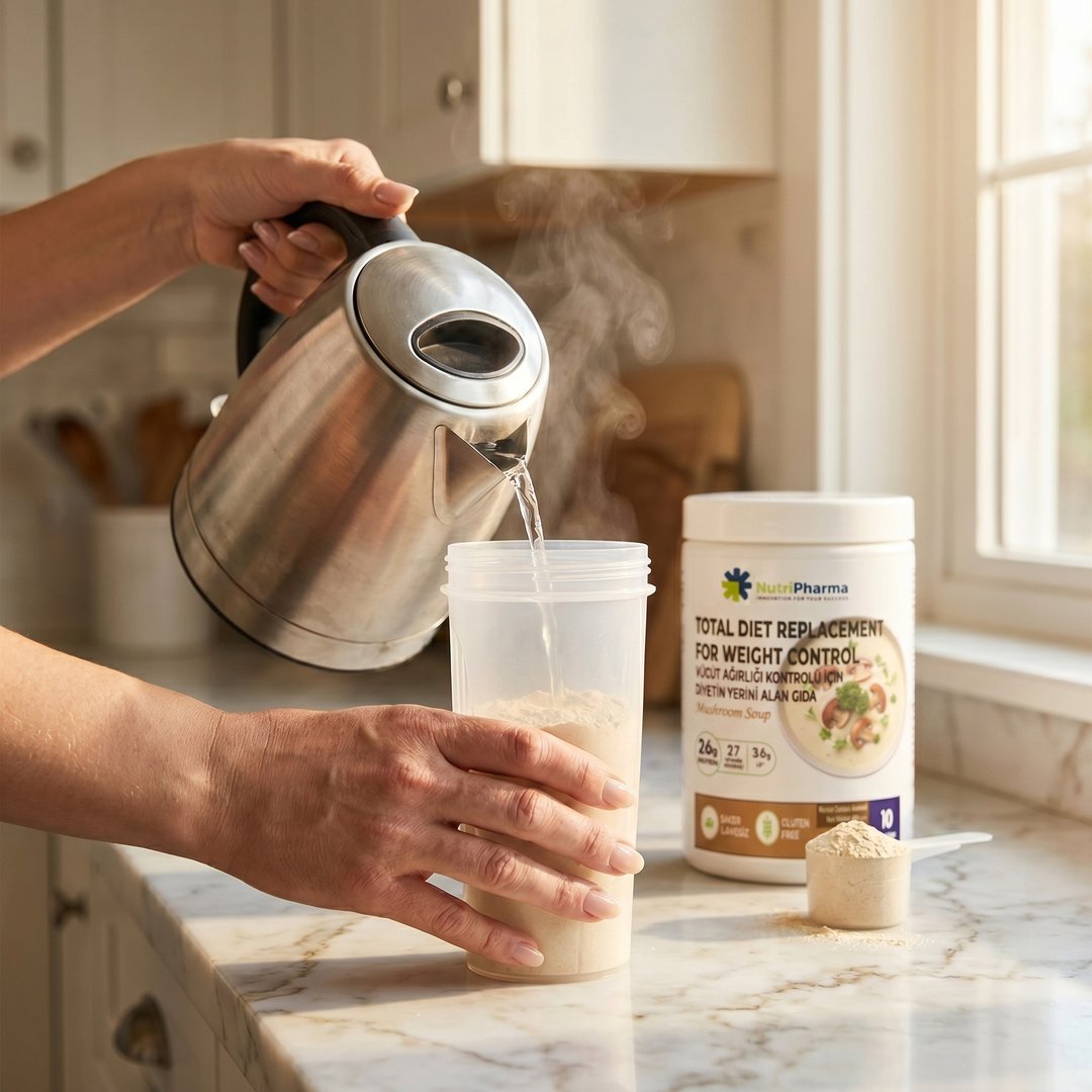 Тарелка готового грибного супа Nutripharma рядом с шейкером и мерной ложкой на тёплом бежевом фоне